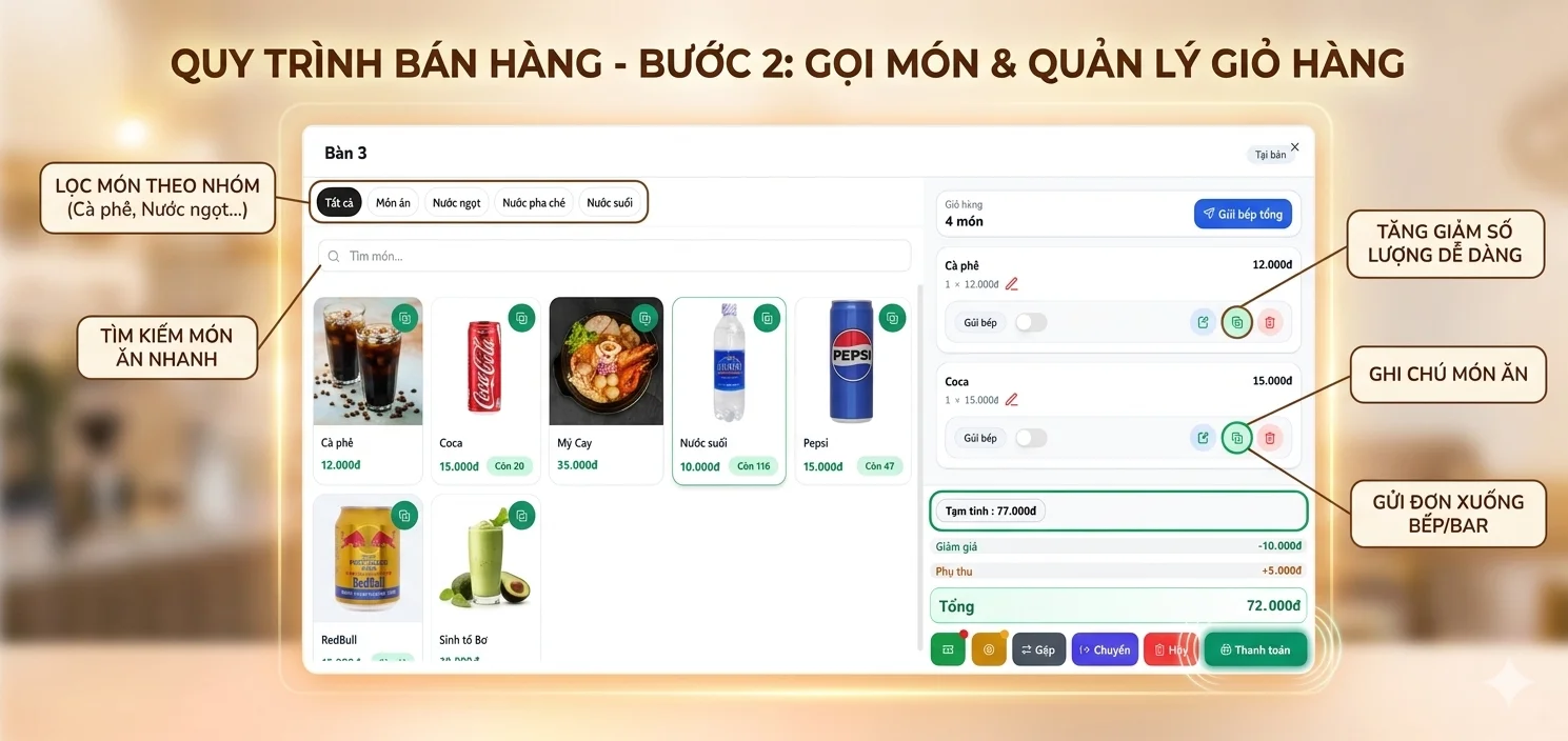 Bước 2: Chọn món trên phần mềm quản lý quán ăn DINN POS
