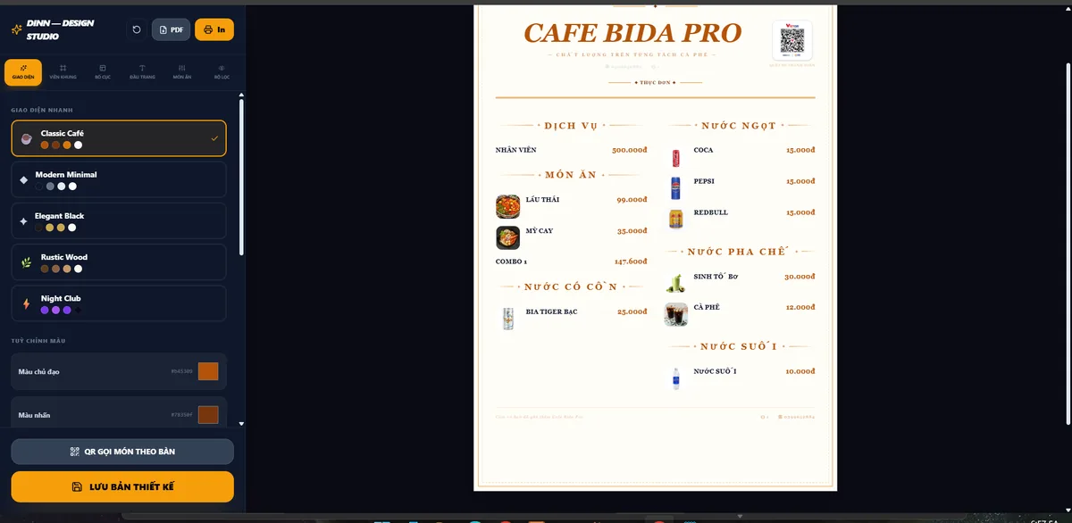 Giao diện Thiết kế & in menu QR trên phần mềm DINN POS