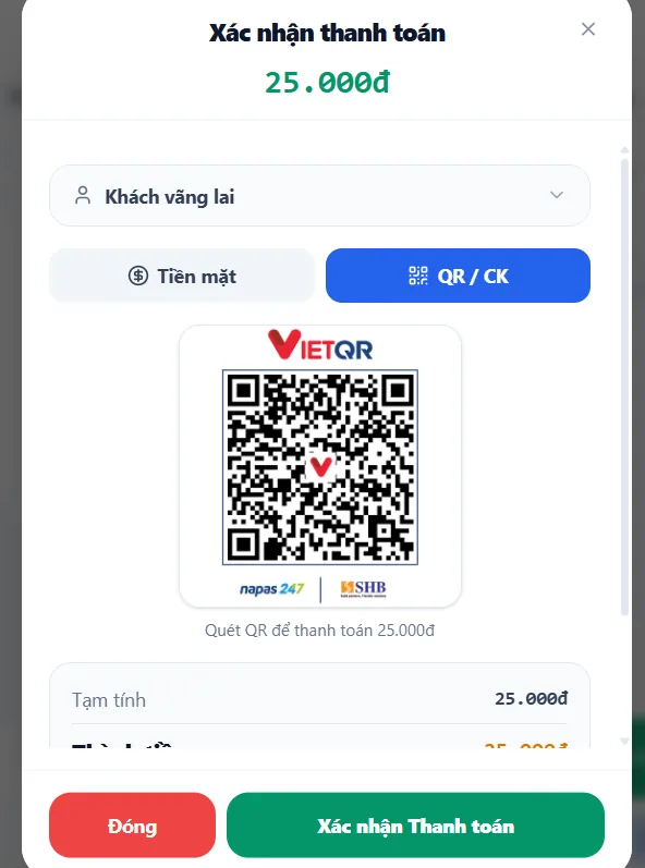 Giao diện Thanh toán VietQR & tiền mặt trên phần mềm DINN POS